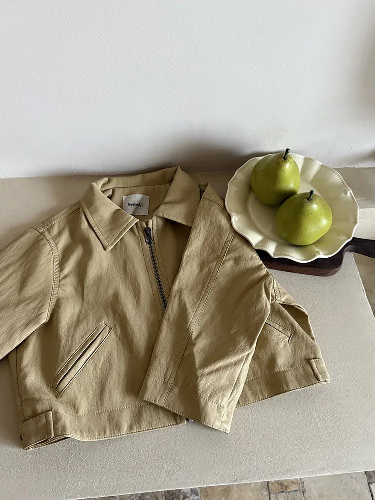 2025 Autumn New Children Long Sleeve Pu Leather Coat Fashion Girls Leather Jacket Solid Boys Lapel Zipper Jacket Kids Clothes