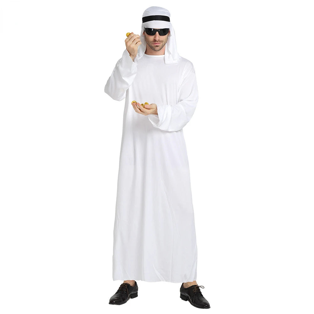 White Arabian Costume Men Robe Fancy Dress Arab Cloth Cosplay Christmas Halloween