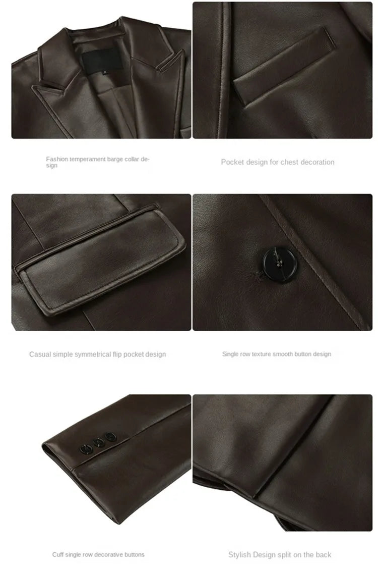 Women Black Brown Soft PU Leather Blazer Shoulder Pads Long Sleeve Single Breasted Loose Casual Jacket Tops Korean Fashion Coat