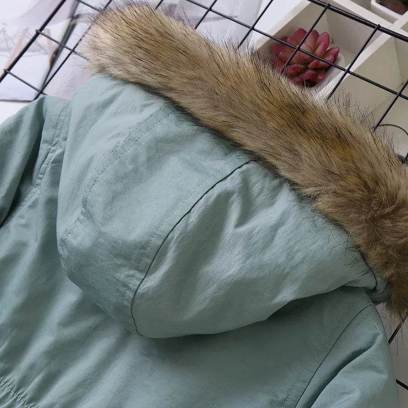 2025 Autumn Winter Girl Jacket Coat Faux Fur Hooded Plus Velvet Thicken Warm Jacket For Girl 4-14 Year Kids Teenager Girl Parka