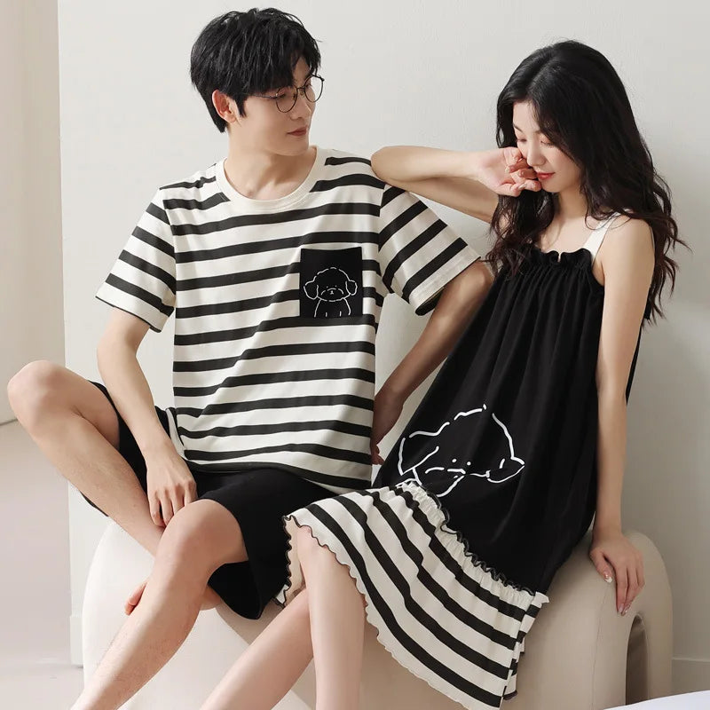 Summer Pyjamas Men Knited Cotton Pajamas Set Korean Sweet Pijamas Ladies Sexy Sleepwear Home Clothing For Youth Boy Girl