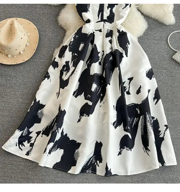 Faionable Ele Vest Long Dr High Waist Slim A-Line Print Maxi Skirt round Ne Svel Women's Summer Dr