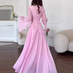 Robes for Woman Elegant O Neck Solid Ruffles Party Pleated Dress Spring Autumn Flare Sleeve Tie-up Slim Female Clothing Vestidos