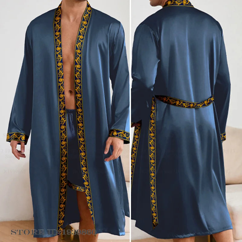 Men Long Robe Pajamas Set Baroque Style Kimono Bathrobe Gown Spring Summer Male Sleepwear Home Clothing Rayon Loungewear Pijamas