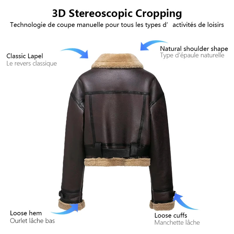 Womens Short Jacket With Leather And Plush Patchwork Belted Waist Zipper Pockets Retro Cool Commuter Jacket Woman Clothes Tops