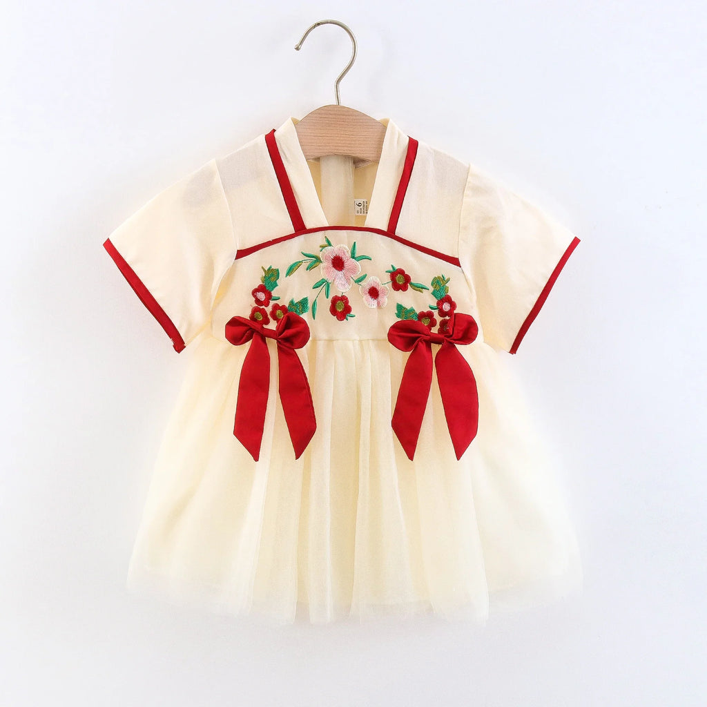Children's Clothing Girl's Dress Summer New Cute Small Bow Flower Embroidery Improved Version Hanfu Ru Skirt