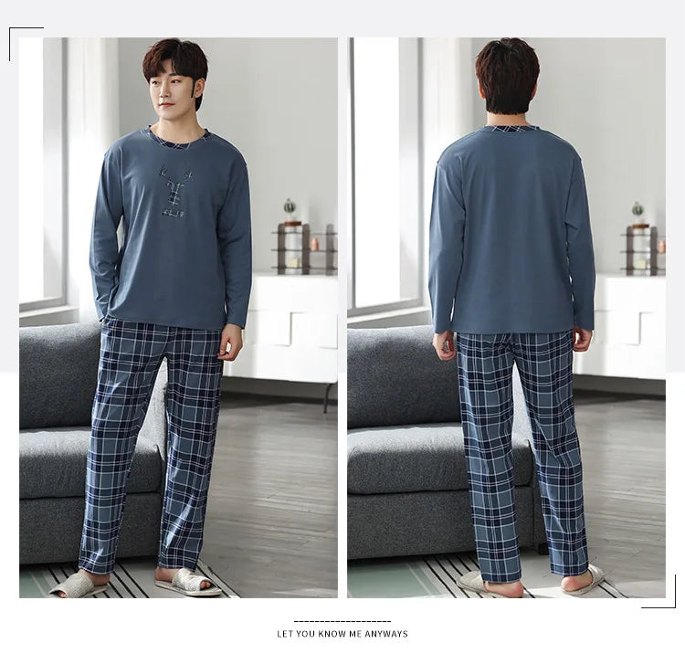 Fashion Lounge Pajamas Sets Men's Spring New Long-sleeved Tops with Trousers Cotton Homewear Comfort Simple Sleepwear Two Pieces