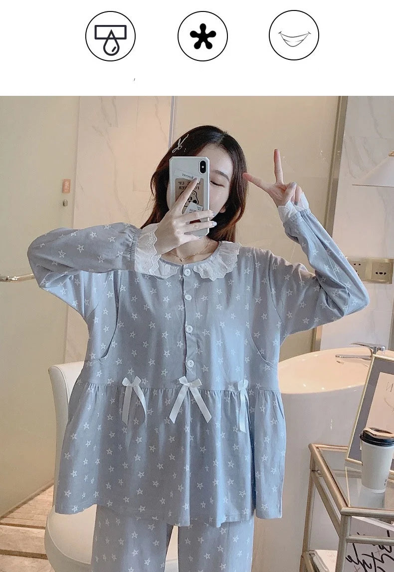 Maternity 2-Piece Spring And Autumn Breastfeeding Pajamas Homewear Spring And Summer Monthly Clothing Leisure Home Suit