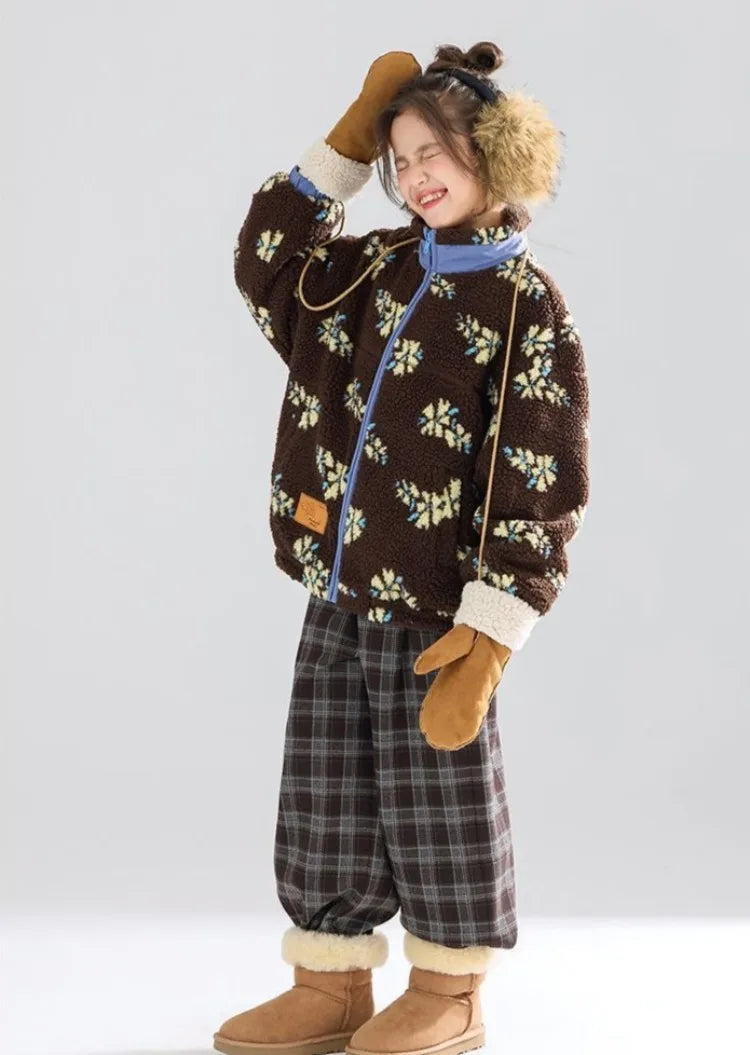 Girl's Winter Coat Floral Jacquard Lamb Fur Thickened Stylish Autumn Winter Toddler Kids Cotton Jacket