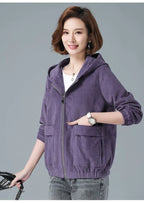 Corduroy Short Coat 5XL Women's 2025 Spring Autumn New Korean Loose Solid Hooded Jacket Fashion Casual Female Zipper Coat Tops