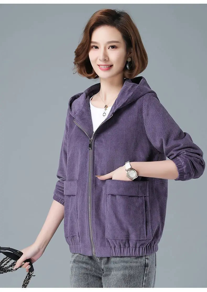Corduroy Short Coat 5XL Women's 2025 Spring Autumn New Korean Loose Solid Hooded Jacket Fashion Casual Female Zipper Coat Tops
