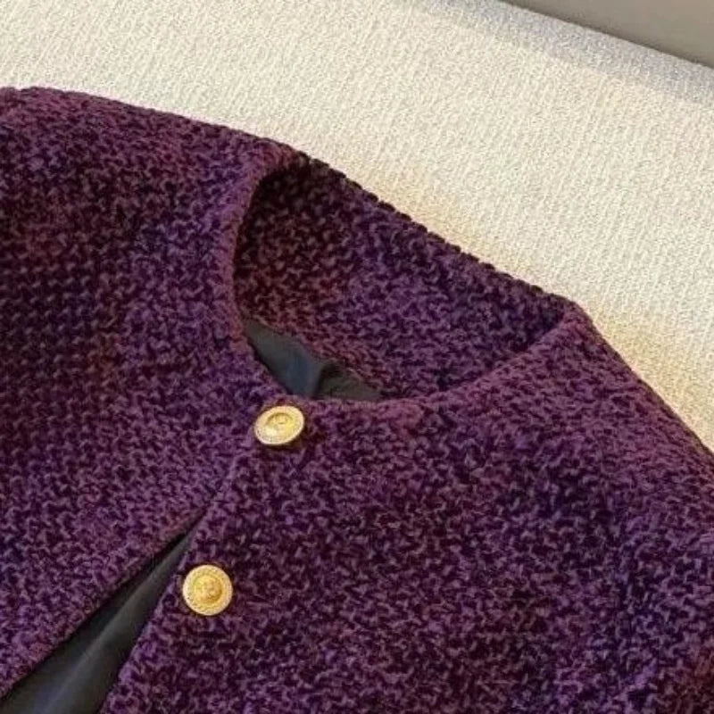 French Woolen Tweed Coat Small Fragrant O-neck Short Jacket Women High-end Metal Button Purple Tops Autumn Winter 012A