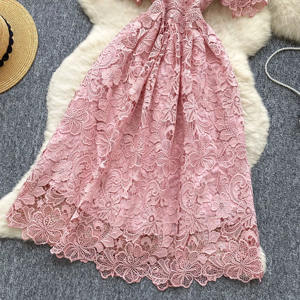 Ele Hollow out Lace ort Sve Dr Women's Summer Slimming A-Line Gown High Waist Korean Sle Commute Suitable