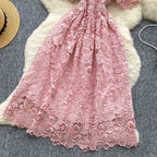 Ele Hollow out Lace ort Sve Dr Women's Summer Slimming A-Line Gown High Waist Korean Sle Commute Suitable