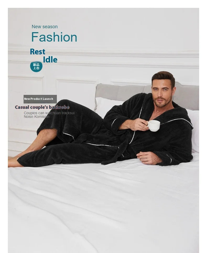 Men's Autumn/Winter New Style Comfortable Cotton Flannel Robe Luxury Open-Front Couples Robe Men's Warm Bathrobe Nightwear