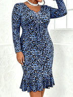 Plus Size Blue Leopard Print Bodycon Midi Dress V Neck Long Sleeve Lace up Ruffle Hem Women's Party Evening Wear