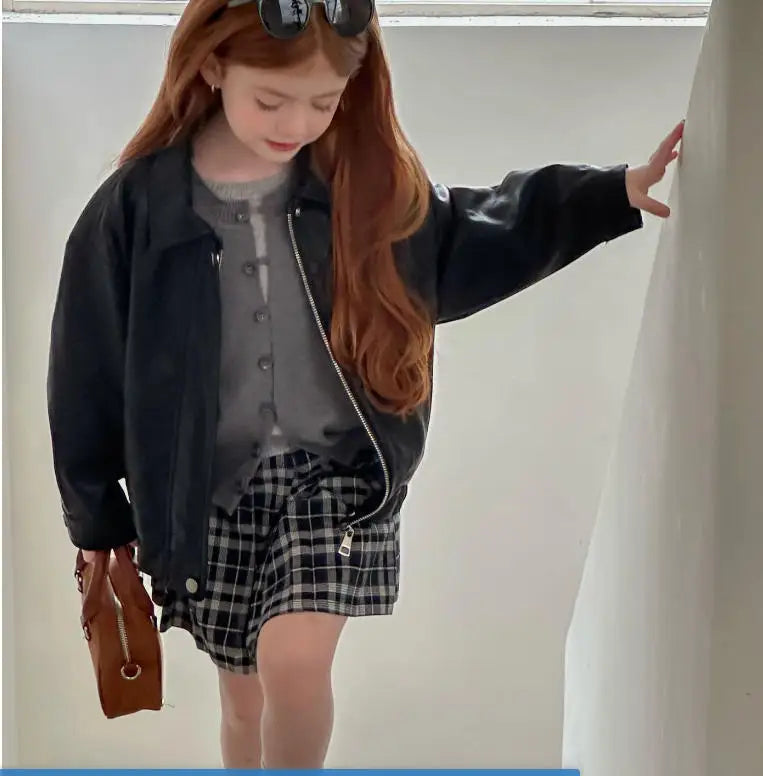 Jackets Girl Loose Autumn New Children PU Locomotive Leather Clothing Loose Coat Boy Handsome Leather Clothing 2024