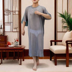 Men's Solid Color Mesh Transparent Short-Sleeved Robe Sexy Retro Fashion Trend Loose Casual Breathable Summer New Men's Tops