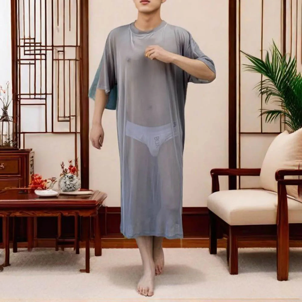 Men's Solid Color Mesh Transparent Short-Sleeved Robe Sexy Retro Fashion Trend Loose Casual Breathable Summer New Men's Tops