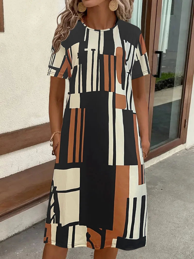 2025 cross-border printed dress women's elegant fashion summer round neck short sleeve loose skirt children cw82727