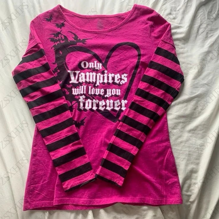 Pink T shirts Punk Top Sweet Girl Emo Letter Stripe Gothic Long sleeves Women Clothing Vintage Graphic Tee Aesthetic Y2K T shirt