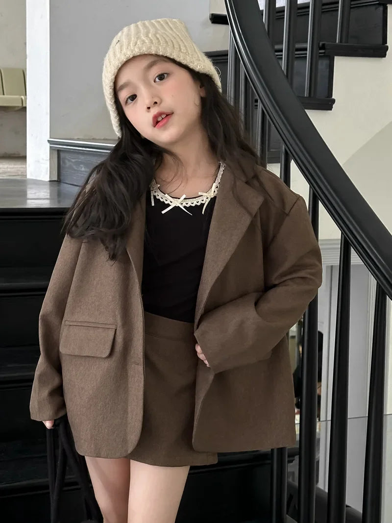 Suit skirt set for autumn 2024 loose suit jacket and skirt shorts for children and girls fashionable suit trendy kids clothes