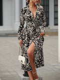 Elegant Random Print Button Down Shirt Dress Women's Long Sleeve Belted Waist Midi Dress Spring Fall Office Casual Dress