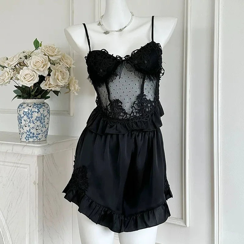 Women 4 Pieces Pajamas Set Elegant Home Clothes Silky Satin Sleepwear Loose Trousers Suit Loungewear Sexy Lace Trim Nightgown
