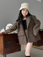 Suit skirt set for autumn 2024 loose suit jacket and skirt shorts for children and girls fashionable suit trendy kids clothes