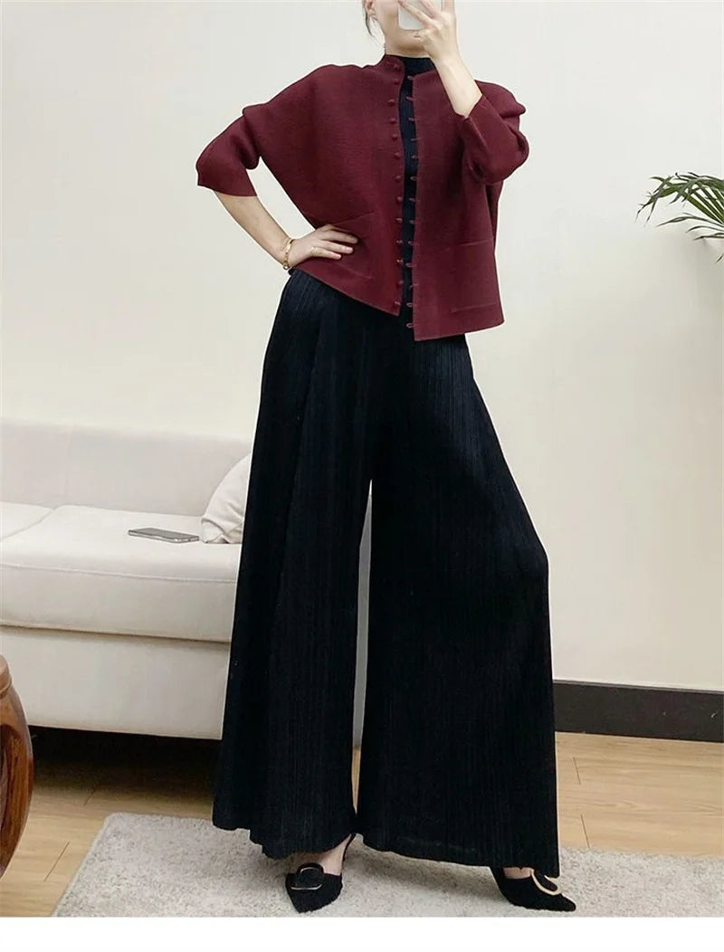 Woman Clothing T-shirt Bat Sleeves Loose and Pleated Small Jacket Women's Single-breasted Pocket Design Pleated Semi-Turtleneck