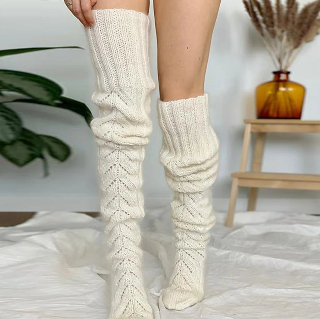 Knitted Leg Warmers Solid Color Hollow Mesh Long Over The Knee Stacked Socks Women Wool Winter Warm Socks Home Long Socks