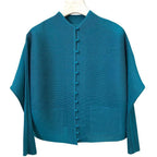 Woman Clothing T-shirt Bat Sleeves Loose and Pleated Small Jacket Women's Single-breasted Pocket Design Pleated Semi-Turtleneck