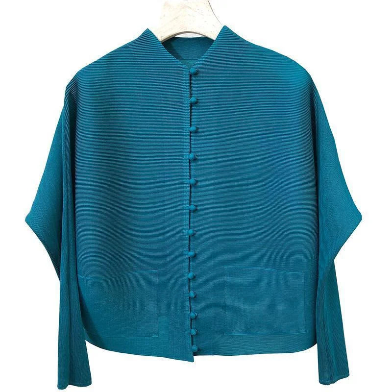 Woman Clothing T-shirt Bat Sleeves Loose and Pleated Small Jacket Women's Single-breasted Pocket Design Pleated Semi-Turtleneck