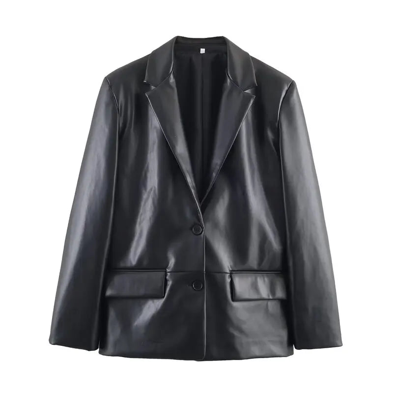 Fall 2025 New Women's Loose Straight Leather Effect Suit Jaet Faionable Long Sve PU Leather ort Outerwear