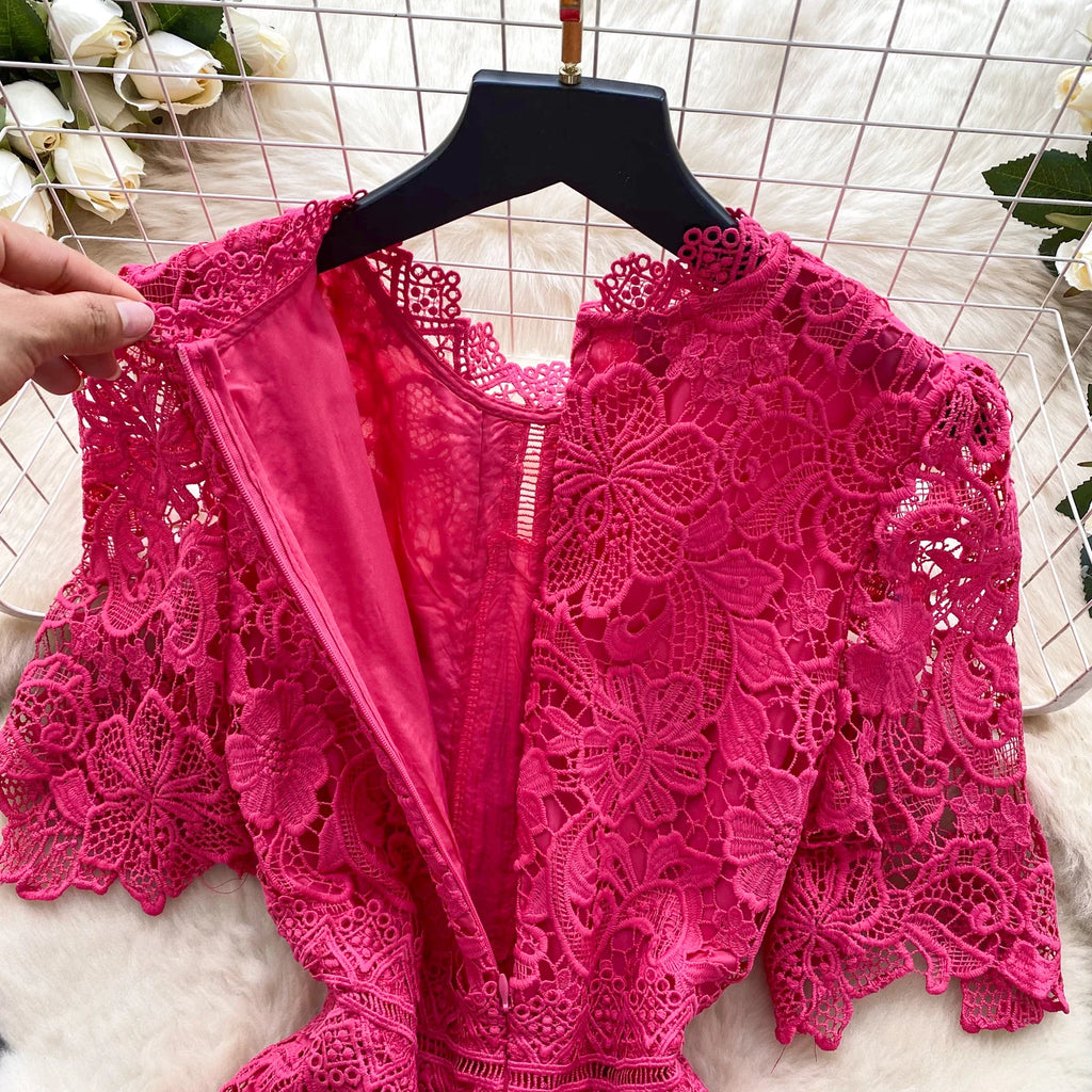 Ele Hollow out Lace ort Sve Dr Women's Summer Slimming A-Line Gown High Waist Korean Sle Commute Suitable