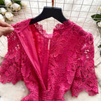 Ele Hollow out Lace ort Sve Dr Women's Summer Slimming A-Line Gown High Waist Korean Sle Commute Suitable