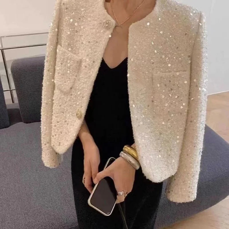 Chic Sequins Sweet Tweed Jacket Women Fall Elegant Long Sleeve Slim Coat Korean Fashion O Neck Design Female All Match New Tops