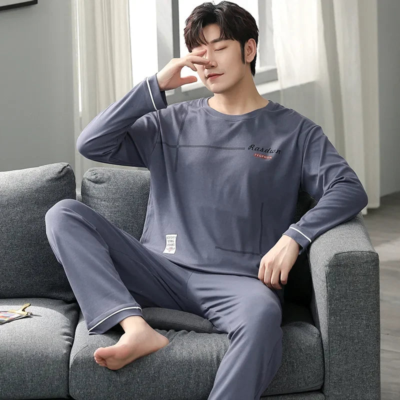 Fashion Lounge Pajamas Sets Men's Spring New Long-sleeved Tops with Trousers Cotton Homewear Comfort Simple Sleepwear Two Pieces