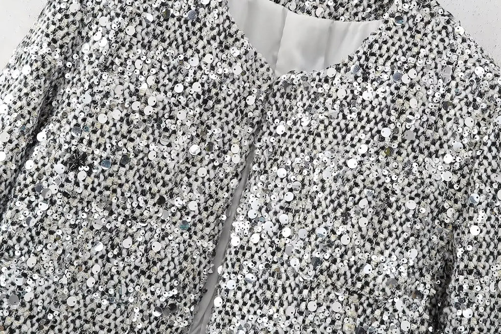 BKQU Tweed Sequined Jackets Women Casual Loose Round Neck Long Sleeved Cropped Silver Cardigan Autumn Female Warm Elegant Coats