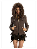 American hot girl big fur collar slim short jacket for women buckskin velvet waist slimming hooded cardigan sweatshirt