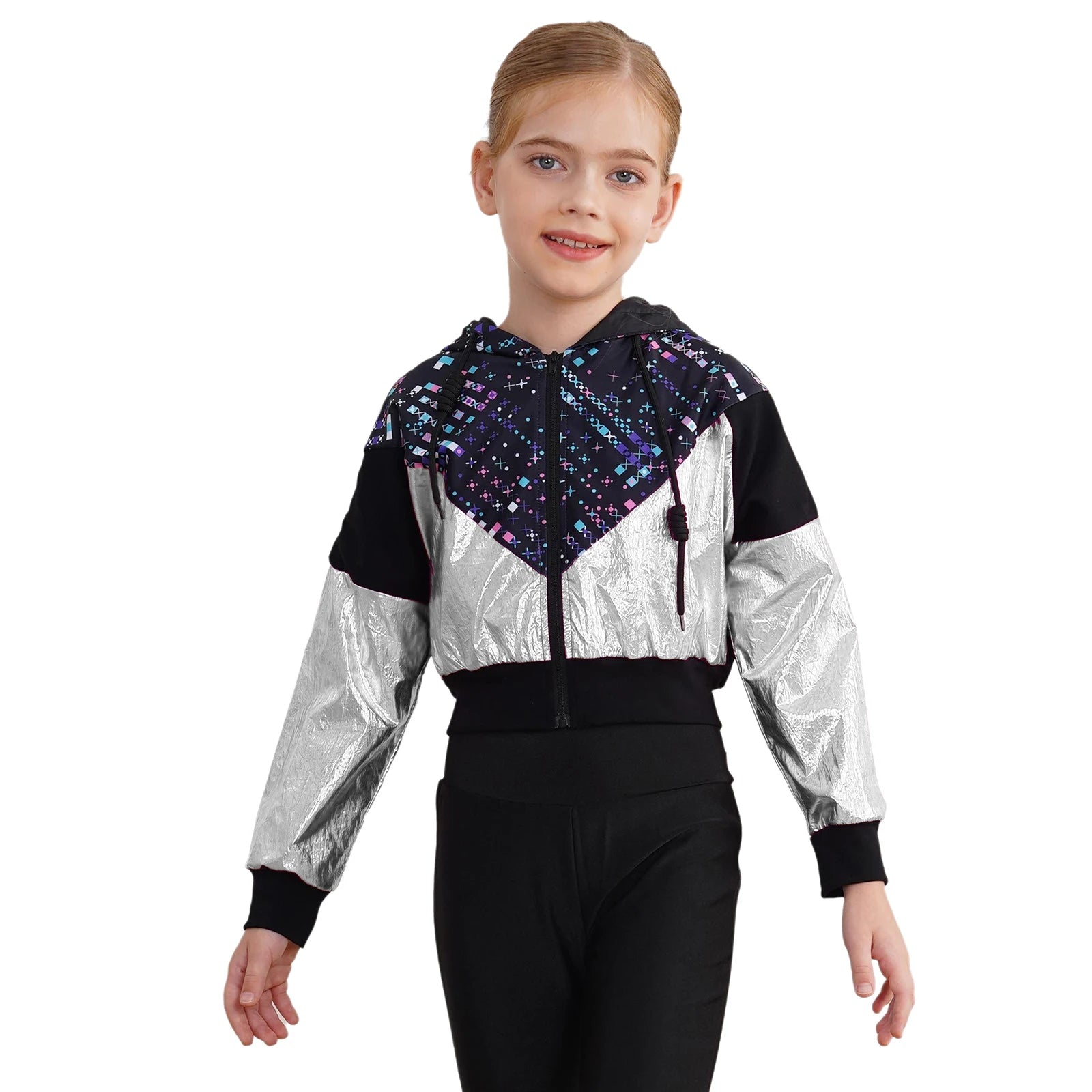 Girls Fashion Print Short Jacket Casual Coat Hooded Tops Long Sleeve Zipper Jacket Outerwear Jazz Dance Performance Costume