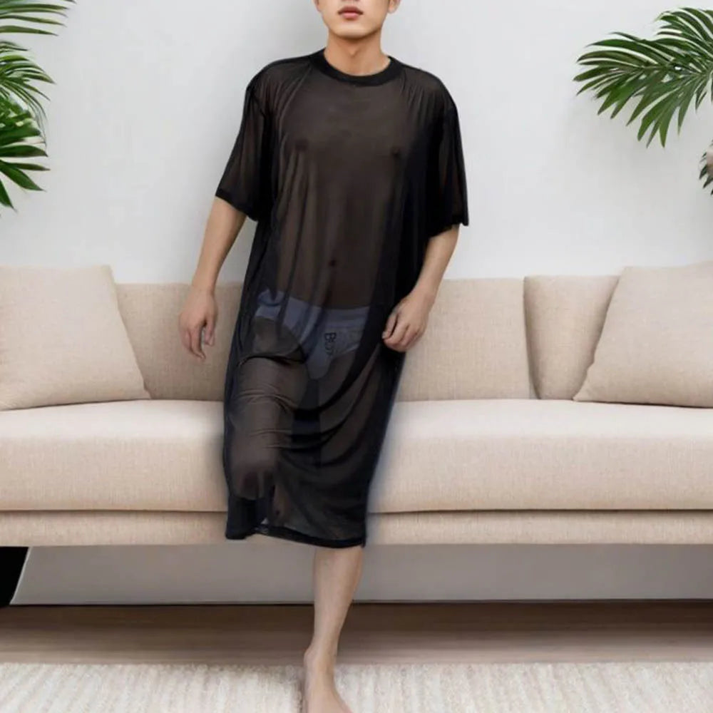 Men's Solid Color Mesh Transparent Short-Sleeved Robe Sexy Retro Fashion Trend Loose Casual Breathable Summer New Men's Tops