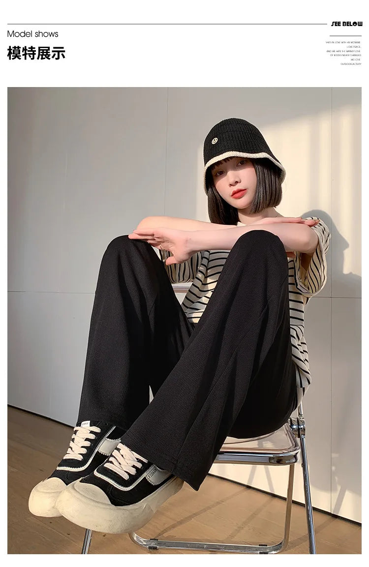 Maternity Clothings Maternity Wide Leg Pregnancy Pants Wear Trousers with Vertical Stripes Clothes for Pregnant Women