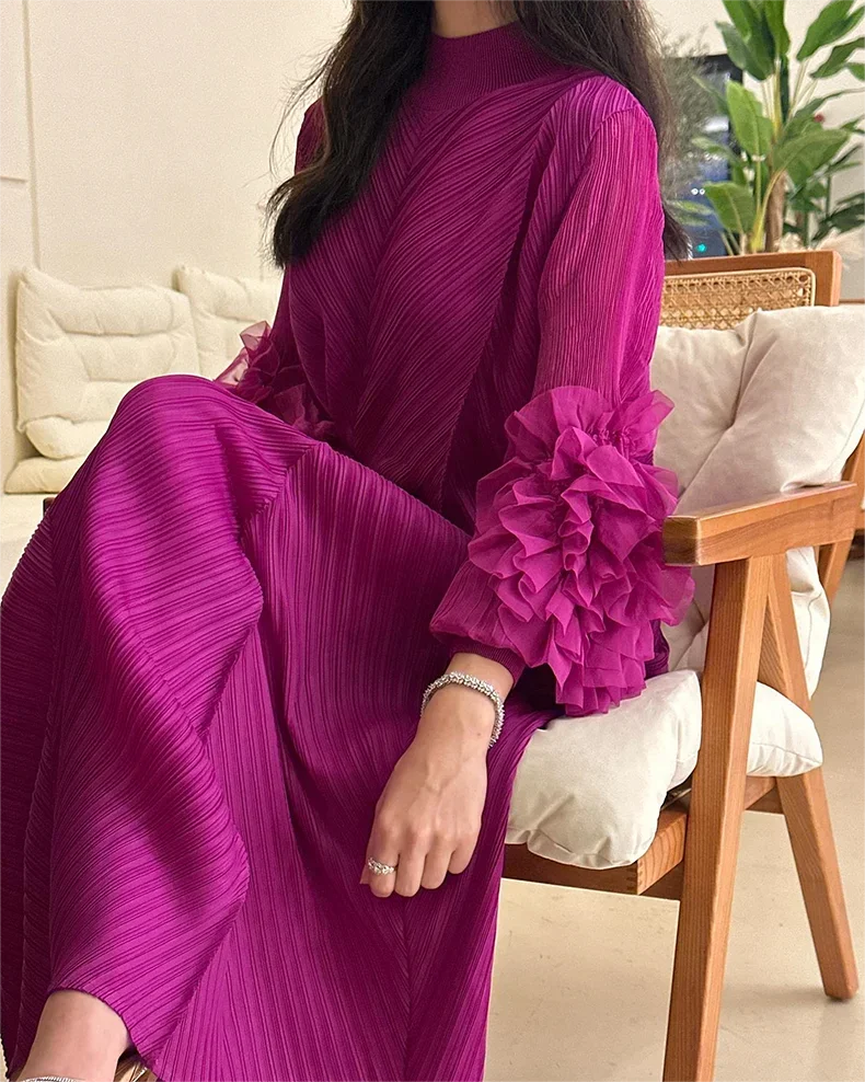 YUDX Hot Sales 2024 Summer New Pleated Formal Dresses for Women Mesh Petal Sleeve Solid Evening Party Long Maxi Dresses