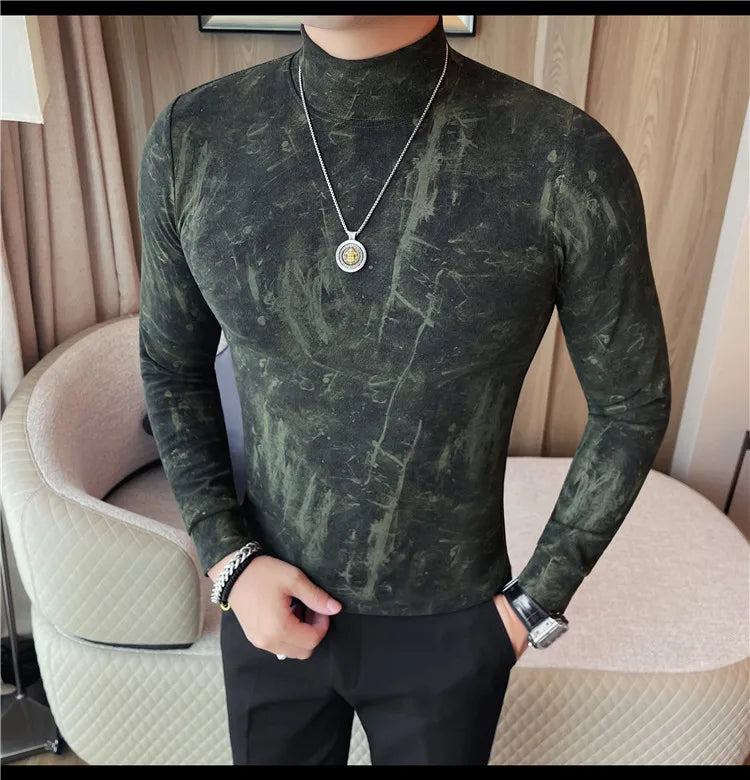 Men Tie-Dye Long-Sleeve T-Shirt | Half-High Collar Base Layer Trendy Versatile Casual Wear 95% Cotton Breathable  Sweat-wicking