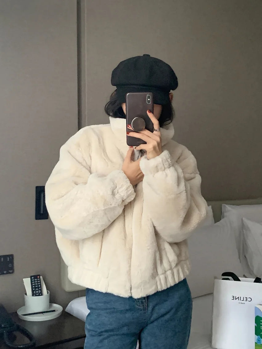 Women Autumn Winter Thicken Warm Coat Stand-Collar Loose Fur Plush Zipper Jacket Soft Comfortable Casual Simple Solid Outerwear