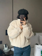 Women Autumn Winter Thicken Warm Coat Stand-Collar Loose Fur Plush Zipper Jacket Soft Comfortable Casual Simple Solid Outerwear