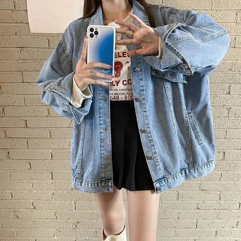 2025 Spring Autumn New Women Denim Jacket Boyfriend Loose Harajuku Design Unique Mid Length Casual All Match Outerwear