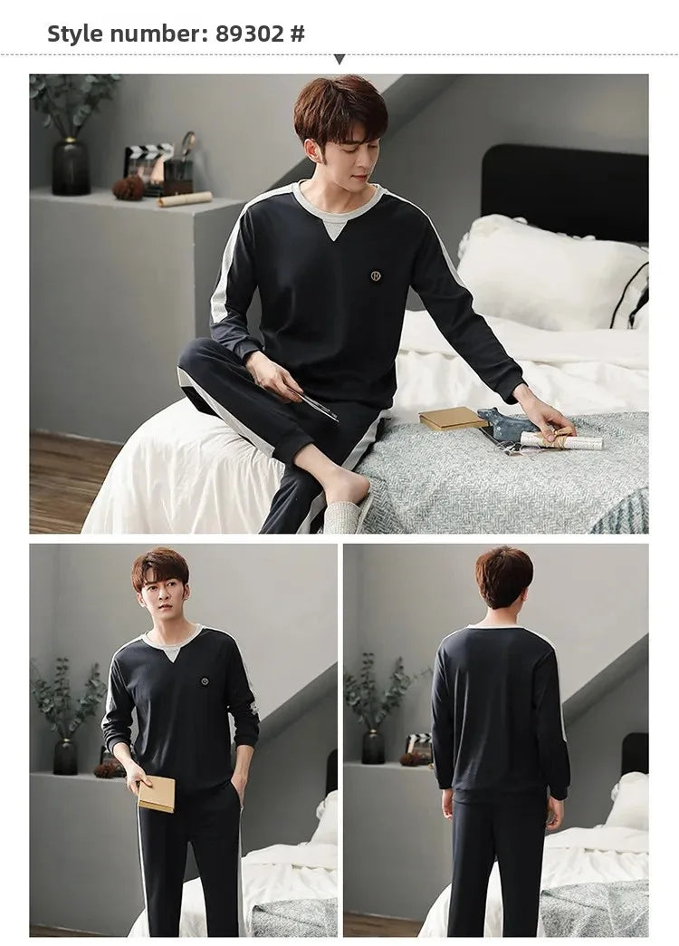 Fashion Lounge Pajamas Sets Men's Spring New Long-sleeved Tops with Trousers Cotton Homewear Comfort Simple Sleepwear Two Pieces