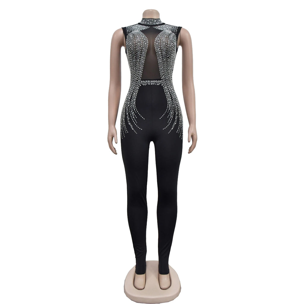 Women's Glittery Rhinestones Gymnastics Jumpsuit Sheer Mesh Patchwork Mock Neck Long Sleeve Dance Rompers One-piece Bodysuit
